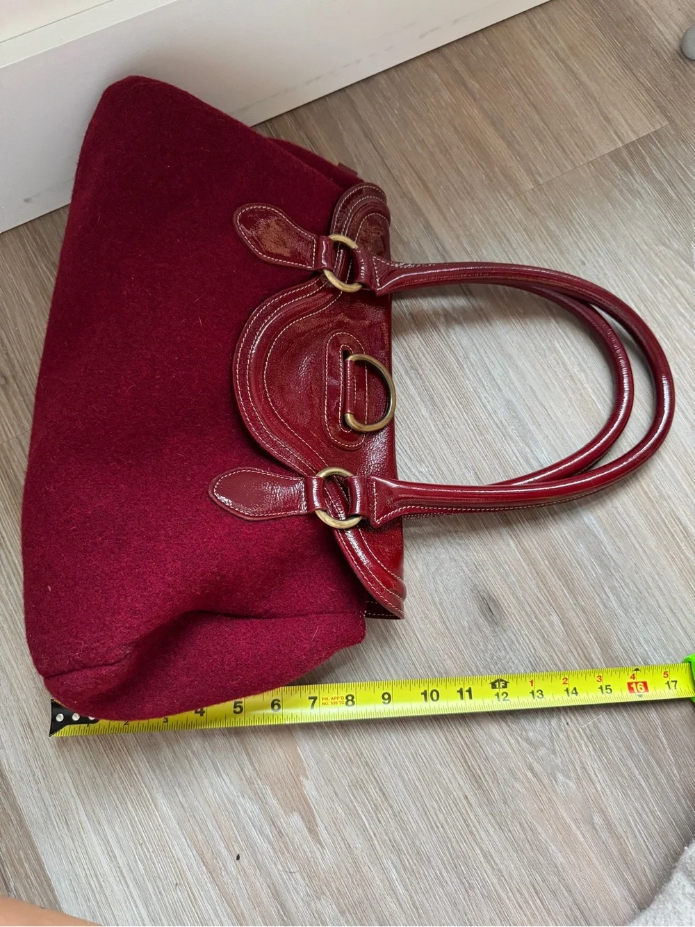 Sofia C. Made in Italy Burgundy Wool Patent Leather Satchel Handbag purse